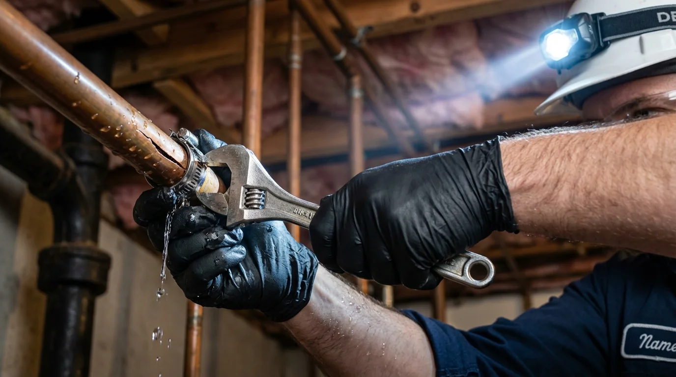 Emergency pipe clamp repair being performed by a Johns Plumbing LLC plumber in Merlin